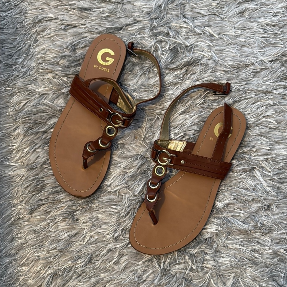G by Guess Brown Sandals with Gold Accents